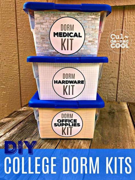 DIY COLLEGE DORM KITS. Make sure your college student is prepared for ANYTHING!!! | CULDESACCOOL.COM College Dorm Diy, College Dorm Gifts, Dorm Gifts, College Survival Kit, College Dorm Checklist, Diy College, Dorm Supplies, College Dorm Room Essentials, Dorm Diy