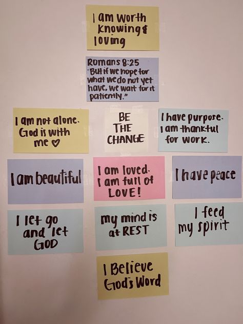 My daily Christian affirmations 🤍 Christian Mirror Quotes, Bible Verses On Mirror, Cute Christian Room Decor, Mirror Bible Verse, Christian Post It Notes, Truth Mirrors Christian, Christian Sticky Notes, Truth Mirror, Bible Doodles