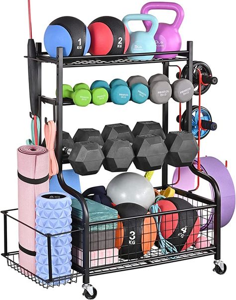 Mythinglogic Dumbbell Rack, Home Gym Storage Weight Rack for Dumbbells, Kettlebells Yoga Mat and Balls, Heavy Duty Sports Storage Rack with Wheels and Hooks, Powder Coated, Dumbbell Racks - Amazon Canada Workout Equipment Storage, Organizing With Baskets, Sports Equipment Organization, Gym Rack, Home Gym Organization, Sports Equipment Storage, Home Gym Storage, Gym Organizer, Gym Storage