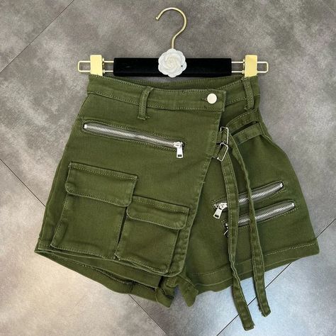 Zingj 2022 Summer New Arrivals High Waist Double Pockets Single Button Denim Shorts Skirt Women Short Jeans GF525 Loose Denim Shorts, Shorts Skirt, Green Belt, Cargo Skirt, Short Jeans, Women Cargos, Skirt Women, Colored Denim, Slim Waist