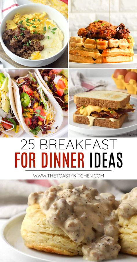 25 Breakfast for dinner ideas by The Toasty Kitchen. Who says breakfast foods can only be made in the morning? Today I'm sharing 25 easy and delicious breakfast for dinner ideas to switch things up at mealtime. #breakfastfordinner #brinner #breakfastrecipes #breakfast #dinnerideas Breakfast For Dinner Menu Ideas, Breakfast For Lunch, Popular Breakfast Ideas, Breakfast Entree Ideas, Easy Lazy Breakfast Ideas, Brunch For Dinner Ideas, Healthy Breakfast Dinner, Healthy Breakfast Toast Recipes, Breakfast For Four People