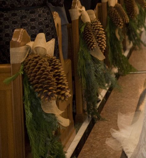 Pine Decoration Ideas Wedding, Pine Leaves Wedding Decor, Christmas Wedding Chair Decorations, Pinecone Wedding Decor, Pine Cone Wedding Decor, Pine Branch Wedding Decor, Christmas Pew Decorations, Winter Wedding Church Decorations, Cedar Wedding Decor