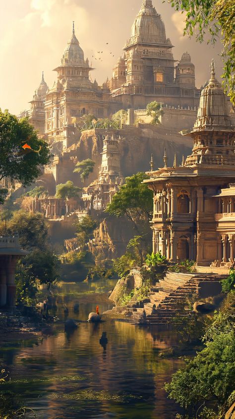 Midjourney Feed Ancient Indian Architecture, Landscape Concept, Adventure Aesthetic, Indian Architecture, Fantasy City, Fantasy Setting, Ancient India, Fantasy Places, Fantasy Art Landscapes