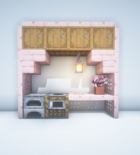 A simple and easy Minecraft build idea for a cherry wood kitchen. Add to your list of Minecraft inspiration today! #minecraft Cute Cottage Minecraft Builds, Cute Minecraft Things To Build, Cute Simple Minecraft Builds, Minecraft Cherry Blossom Kitchen, Minecraft Building Ideas Cherry, Cherry Blossom Minecraft Build Ideas, Cherry Blossom Kitchen Minecraft, Pink Minecraft Kitchen, Minecraft Houses Cherry Wood