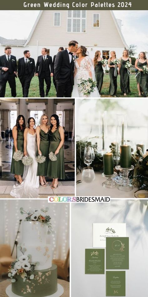 Christian Wedding Theme Color Palettes, Green Olive Bridesmaid Dresses, Fall Olive Green Wedding, Summer Green Wedding Colors, White And Olive Green Wedding, Brown And Green Wedding Theme, Black Groom And Groomsmen, Sage Green Fall Wedding, Green Wedding Cakes