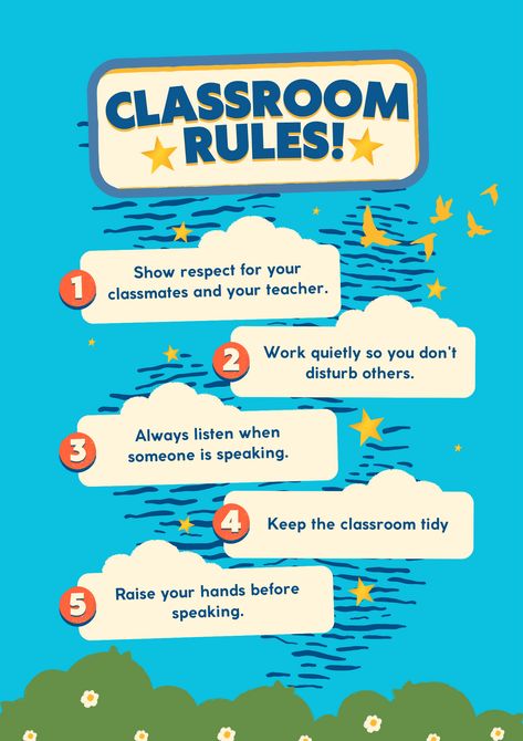 Here is your creative and fun classroom poster that showcases 5 essential classroom rules. Perfect for primary and elementary school teachers looking to set clear expectations for their students # Classroomrules #Schoolposter #Primaryschoolresources #Educationalposters #Classroomdecor #Classroommanagement #Classroometiquette #Backtoschool Classroom Rules Elementary School, Classroom Rules Design, Classroom Rules Poster Elementary, Elementary Classroom Rules, Classroom Etiquette, Teacher Expectations, Classroom Rules Printable, Class Expectations, Class Rules Poster