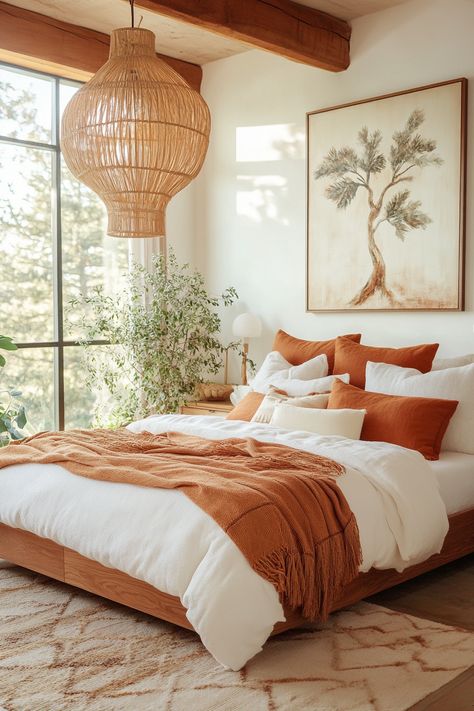 Transform your bedroom into a cozy retreat with stunning wall art ideas! Highlighting natural textures and warm tones, this look creates an inviting ambiance. Discover more wall art inspiration to refresh your space today! 🌳✨ #HomeDecor #InteriorDesign White And Terracotta Bedroom, Sunset Bedroom Aesthetic, Warm Tone Bedroom, Warm Toned Bedroom, Warm Neutral Bedroom Ideas, Cozy Bedroom Wall, Architectural Digest Bedroom, Bedroom Wall Art Ideas, Terracotta Bedroom