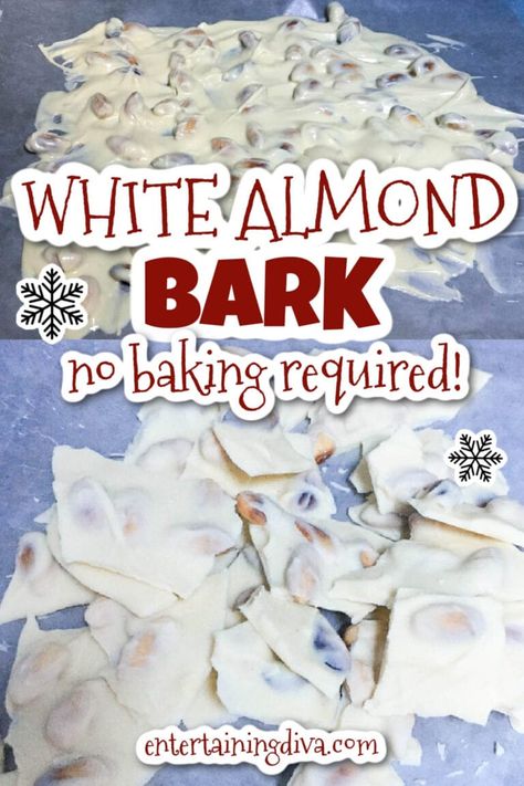 Made with white chocolate and almonds, this white almond bark recipe is soooo tasty! It only has 3 ingredients so it's also really fast and easy to make. The perfect sweet treat! White Chocolate Almond Bark Recipes, Almond Bark Recipes Easy, Almond Bark Candy Holiday Treats, White Bark Candy Holiday Treats, White Almond Bark Popcorn, Desserts With Almond Bark, White Party Foods Snacks, White Chocolate Bark Recipes Easy, White Chocolate Almond Fudge