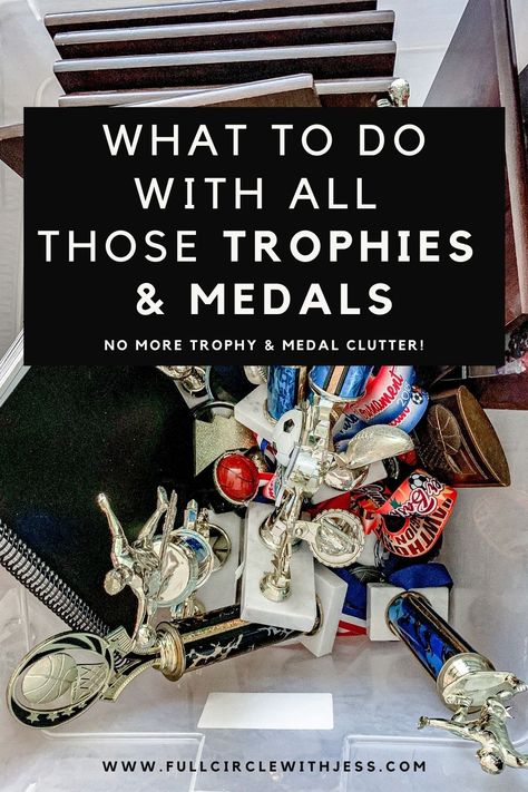 how to declutter trophies and medals. Trophy Storage Ideas, Trophy And Medal Display Ideas Diy, Wrestling Trophy Display Ideas, Kids Sports Pictures Display, Repurpose Trophies Ideas, Upcycle Old Trophies, Baseball Trophy Display Ideas, Trophy Organization, Old Trophy Ideas What To Do With