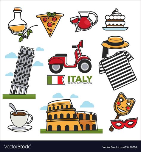 Italy Symbols Drawing, Italy Traditions, Italy Symbols, Italian Symbols, Italy Illustration, Around The World Theme, Italian Party, Geography For Kids, Italian Theme