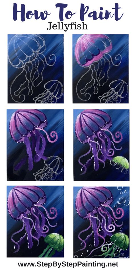 How To Paint A Jellyfish Painted Jellyfish Easy, Summer Diy Painting Canvas, Jellyfish Canvas Painting Easy, Diy Painting Tutorial, Jellyfish Acrylic Painting Ideas, Jellyfish Painting Acrylic Tutorial, Simple Painting Tutorials Step By Step, Paint Nite Ideas Step By Step Easy, Ocean Animals Painting Acrylic Easy