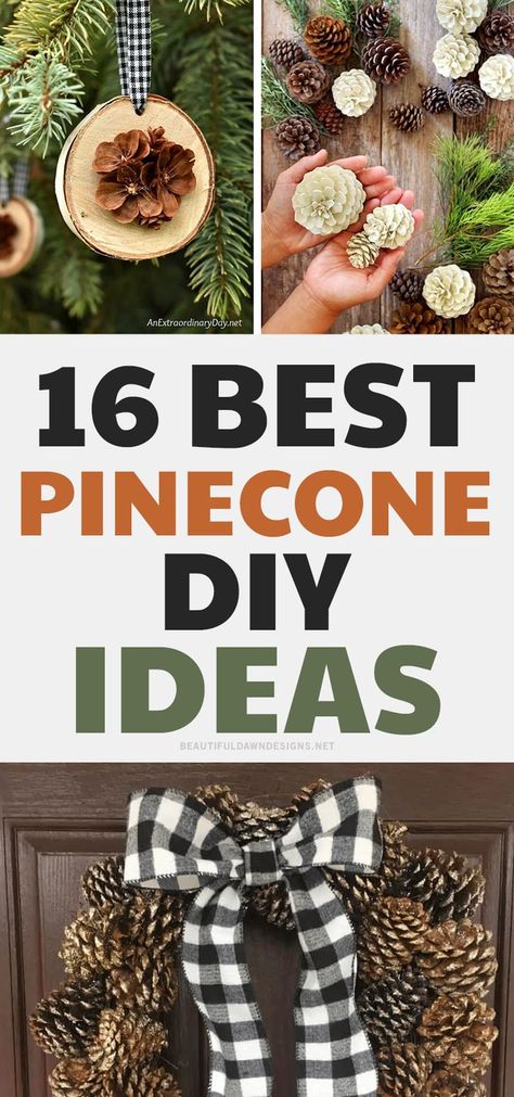 If you're looking for pinecone DIY ideas, you'll love these projects. Their are DIY pinecone wreaths, DIY pincone ornmanets, and DIY bleached pincones. Pinecone Door Hanger Diy, Pinecones Wreaths Diy, Crafting With Pinecones, Pinecone Door Decorations, Christmas Crafts Using Pinecones, Crafts With Pinecones Christmas, Pine Cone Xmas Crafts, Pinecone Holiday Crafts, Pine Cone Diy Christmas