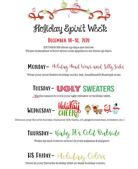 Christmas Themed Spirit Week, Christmas Themes For Work, Christmas Theme Dress Up Days, Thanksgiving Spirit Week Ideas For Work, Christmas Week Ideas School, Winter Dress Up Days For School, Christmas Resident Events, Christmas Dress Up Days For Work, Employee Christmas Party Games