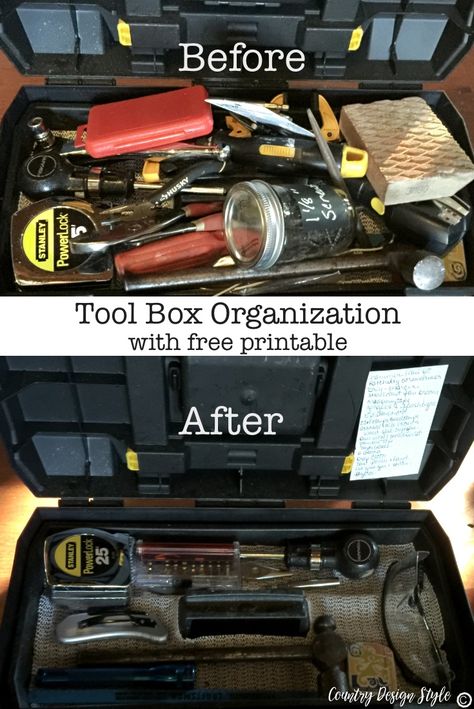 Tool box organization with printable | Country Design Style | countrydesignstyle.com Portable Tool Box Organization Ideas, Mechanic Notes, Truck Toolbox Organization, Toolbox Organization, Toolbox Organizer, Kitchen Junk Drawer, Tool Bag Organization, Box Organization, Tool Box Diy