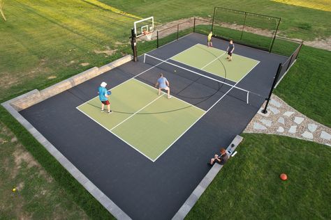 Backyard With Pool And Pickleball Court, Basketball Tennis Court, Pickleball Courts Design, Residential Pickleball Court, Multisport Court Backyard, Pickleball Basketball Court Backyard, Rooftop Pickleball Court, Pickleball Basketball Court, Backyard Pickleball Court Landscaping