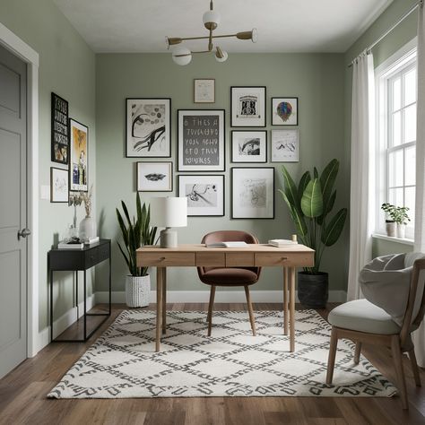 Love this cozy home office setup? 🌿✨ Health Coach Office Design, Cozy Office Setup, Office With Green Walls, Office Decor Green Walls, Office Ideas Green, Pale Green Office, Sage Green Home Office Ideas, Home Office Ideas Sage Green, Sage Green Accent Wall Office