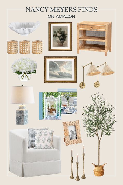 Shop our list of cozy, timeless finds inspired by Nancy Meyers! We love her movies, and pull a lot of interior inspiration from the films. These home decor finds, curated by our interior design team, will bring Nancy Meyers to your home!

Coastal Grandmother, Grandmillenial, Traditional Style, Cozy Home Coastal Grandmother Home Aesthetic, Something’s Gotta Give Aesthetic, Cozy Nancy Meyers Living Room, Nancy Meyers Coastal Aesthetic, Coastal Amazon Finds, Amazon Storefront Home Decor, Somethings Gotta Give Aesthetic, Nancy Meyers Aesthetic Bathroom, Amazon Cottagecore Finds