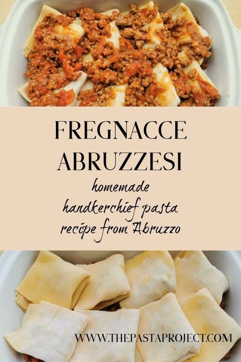 Fregnacce Abruzzesi is a yummy traditional baked fazzoletti pasta recipe from Abruzzo. It is made with homemade handkerchief pasta squares filled with a meat and sausage ragu. This is a delicious alternative to classic lasagna and a great way to use homemade lasagne sheets. #homemadepasta #freshpasta #fazzoletti #handkerchiefpasta #fregnacce #ragu #sausagepasta #bakedpasta #alforno #italianrecipe #italianpasta #authenticitalianpasta #thepastaproject @thepastaproject Handkerchief Pasta, Homemade Lasagne, Italian Pasta Recipes Authentic, Sausage Ragu, Lasagne Sheets, Classic Lasagna, Italian Pasta Recipes, Baked Pasta Recipes, Sausage Pasta