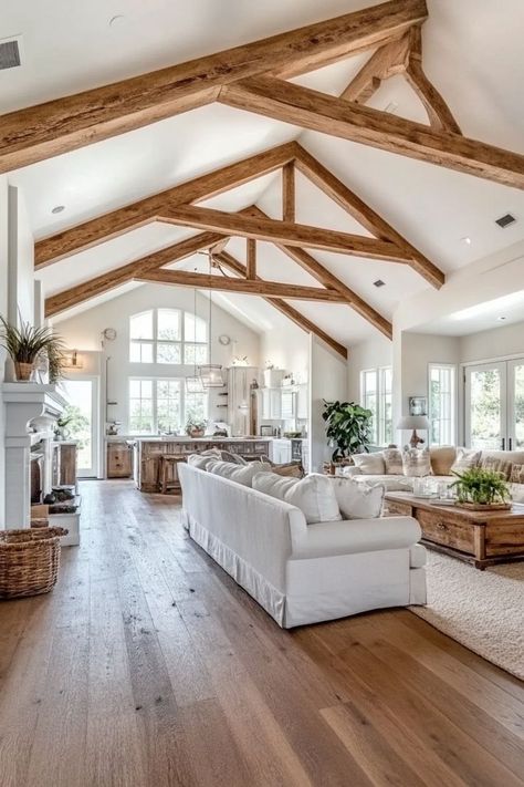 Enhance your home’s character with exposed wooden ceiling beams. Whether you’re going for a farmhouse look or a modern rustic vibe, wooden beams add depth and style. 🏠✨🌲 #WoodenBeams #CeilingDesign #HomeDecor #RusticCharm Ceiling With Exposed Beams, Beams Across Ceiling, Wood Beams On Angled Ceiling, Small Timber Frame Homes Interiors, Faux Beams Slanted Ceiling, One Side Vaulted Ceiling Beams, Wooden Trusses Exposed Beams, Pine Beams Living Room, Wooden Cathedral Ceiling