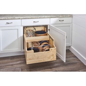 Deep Drawer - Richelieu Hardware Pull Out Organizer, Cookware Organization, Cookware Storage, Upper Kitchen Cabinets, Pan Storage, Pan Organization, Kitchen Base Cabinets, Rev A Shelf, Lid Organizer