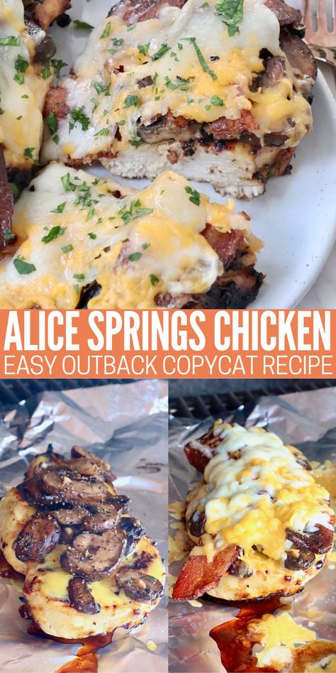 Create a perfect copycat of Alice Springs Chicken from Outback Steakhouse with this easy recipe! Grilled honey mustard chicken is piled up with sauteed mushrooms, crispy bacon and melty cheese in this delicious dish. Alice Springs Chicken Outback, Honey Mustard Marinade, Alice Springs Chicken, Marinating Chicken Breast, Mustard Recipe, Gluten Free Vegetarian Recipes, Outback Steakhouse, Honey Mustard Chicken, Spring Chicken