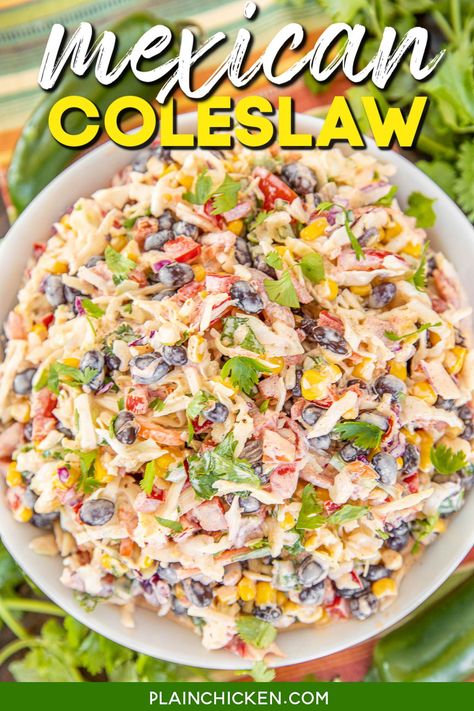 Easy Mexican Coleslaw recipe- great side dish for cookouts, potlucks, and picnics. Coleslaw, bell peppers, diced tomatoes and green chiles, black beans, corn, jalapeño peppers, and cilantro tossed in a creamy lime dressing. Only takes a few minutes to make and packs tons of great flavor! Great on top of tacos and pulled pork sandwiches. Whip up a batch ASAP! Gluten-free recipe April Recipes, Mexican Coleslaw, Grilled Chicken Tacos, Coleslaw Salad, Homemade Mexican, Green Chiles, Plain Chicken, Lake Food Ideas, Junior Prom