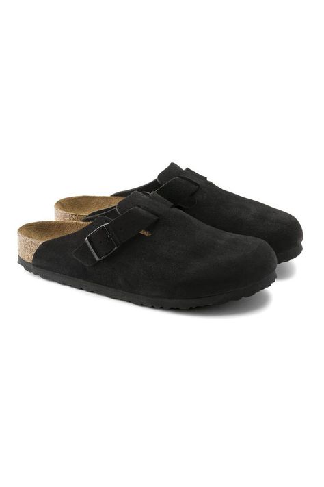 The perfect shoe for all seasons, these Birkenstock Boston Suede Soft Footbed Clogs for Women in Black are ones you will never get tired of. Arch support, soft footbed, and a clog design are some of the features that make up this fashion staple footwear. Get yours for the upcoming seasons!Features:BirkenstockStyle: 660473Color: BlackSignature clog designRegular fitSoft Footbed Suede footbed lining and upperNatural leather insoleEVA outsoleCork footbedArch supportAdjustable strap with metal buckleBirkenstock branded logo on inner shaft, footbed, and buckleEuropean sizingImportedWant some more information about the must have casual shoe? Check Out our Blog!Wondering about the size conversion between women’s, men’s and youth Birkenstocks? Check out our Birkenstock Size Conversion Chart Black Berkinstocks, Birkenstock Boston Suede, Clog Outfit, Boston Soft Footbed, Clogs For Women, Birkenstock Style, Black Clogs, Women In Black, Shoe Wishlist