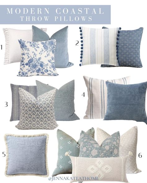 Do you love modern coastal decor? Want to achieve the same look in your home? Here's the best decor ideas, color palettes and inspiration to help you! Coastal Cushions Couch, Neutral Living Room Blue Accents, Coastal Pillow Combinations, Coastal Throw Pillows Living Room, Subtle Beach Decor, Costal Pillows, Aloha Decor, Blue Living Room Decor Ideas, Palette Bleu