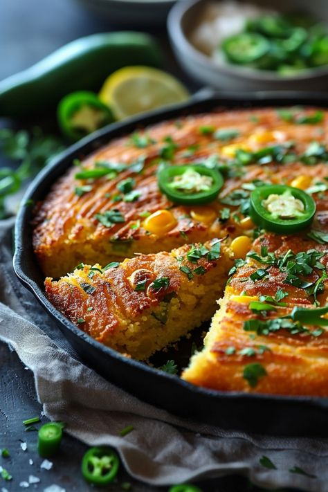 Cornbread garnished with jalapeño slices and herbs in a cast iron skillet, with a slice cut out. Spicy Jalapeño Cornbread, Skillet Jalapeno Cornbread, Sweet Jalapeño Cornbread, Sweet And Spicy Cornbread, Cornbread Recipe Skillet, Jalapeno Cornbread With Cream Corn, Best Jalapeno Cornbread Recipe, Jalapeno Popper Cornbread, Jalepeno Cornbread Jiffy Corn