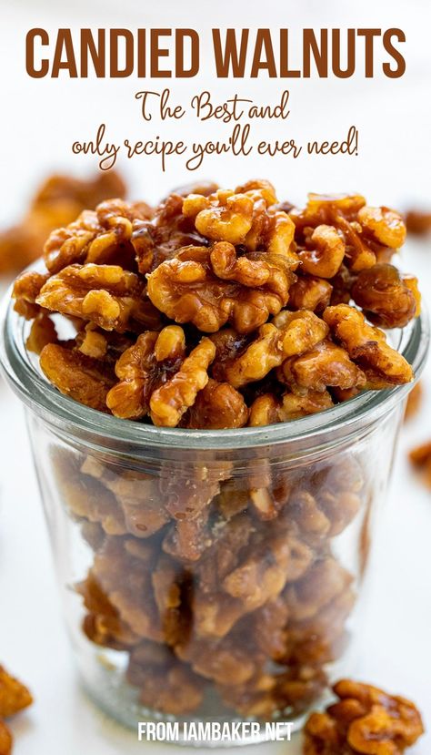 A clear jar, overflowing with candied walnuts. Air Fryer Candied Almonds, Candied Walnuts In Air Fryer, Caramelized Walnuts Recipe, Candied Walnuts Easy Air Fryer, Candied Walnuts Easy Oven, Recipes Using Whole Almonds, Candy Walnuts Recipe Easy, Candied Walnuts Easy, Walnuts Candied