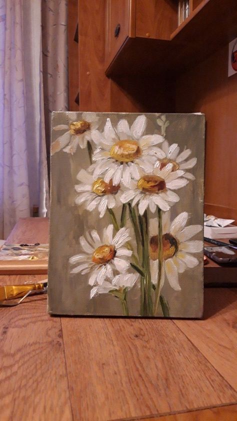 Aesthetic Flower Canvas Painting, Guash Drawings, Large Daisy Painting, Painting Reference Photos Flowers, Flower Drawing Oil Painting, Flower Small Painting, Chamomile Flower Painting, Flower Painting Oil Paint, Flowers Oil Paint