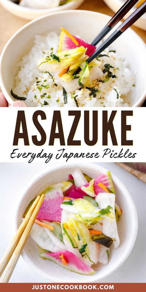 This Asazuke is wonderful and easy to make! It’s a delicious mix of colorful and crunchy veggies that become the perfect pickles to go along with a wide variety of Japanese dishes. You can make them in just an hour, so try out this recipe if you’re craving classic Japanese pickles! Japanese Pickles Recipe, Japanese Cooking Tools, Japanese Pickled Vegetables, Japanese Cuisine Recipes, Easy Healthy Meals Ideas, Japanese Dishes Recipes, Vegetarian Japanese Recipes, Side Dishes Asian, Japanese Vegetable Recipes