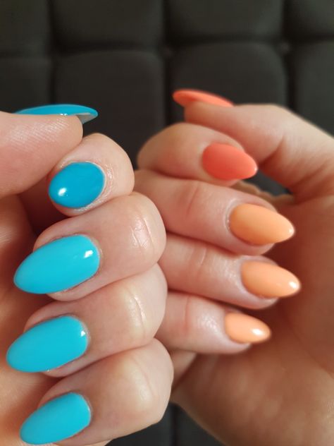 Orange Teal Nails, Peach And Teal Nails, Light Blue And Orange Nails, Coral Blue Nails, Peach And Blue Nails, Turquoise And Orange Nails, Blue And Coral Nails, Coral And Blue Nails, Orange And Teal Nails