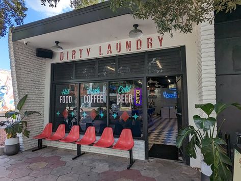 There’s A Secret Havana-Inspired Bar Hiding Inside This Laundromat-Themed Cafe In Florida Small Laundromat Business, Laundry Coffee Shop, Cool Laundromat Ideas, Owning A Laundromat, Laundromat Design Ideas, Luxury Laundromat, Cute Laundromat, Laundromat Exterior, Aesthetic Laundromat