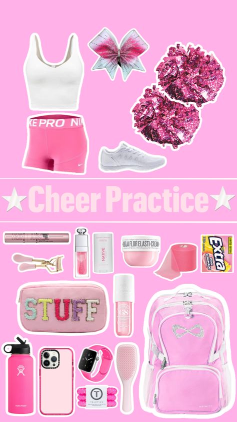 🪩🎀Cheer practice🎀🪩#cheer #cheerfit #pink #preppy #outfitinspo #shuffleinspo #shufflefyp #sunnypink03 Cheerleader Practice Outfits, Cheer Practice Bag, Cheer Competition Checklist, Cheer Bag Essentials Practice, Cute Cheer Practice Outfits, Cheerleader Essentials, Cheer Stuff Ideas, Asthmatic Outfits, Cute Cheer Outfits