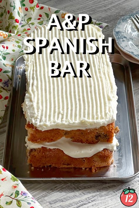 Spanish Bar Cake Recipe, Thick Cream Cheese Frosting, Spanish Bar, Bar Cake, 12 Tomatoes, Cat Recipes, Snack Cake, Find A Way, Cheese Frosting