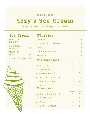 Ice Cream Food Cart Menu Design Template by MustHaveMenus Ice Cream Shop Menu Design, Gelato Menu Design, Ice Cream Menu Design Ideas, Food Truck Poster, Ice Cream Menu Design, Ice Cream Dough, Coffee Food Truck, Pizza Food Truck, Cream Poster