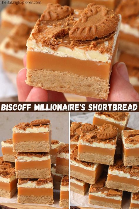 Recipe for Biscoff Millionaire's Shortbread - biscoff infused shortbread, gooey caramel, white chocolate topping swirled with Biscoff spread #thebakingexplorer #biscoff #millionairesshortbread #caramelslice #cookiebutter Millionaire Shortbread Recipe, Millionaire's Shortbread, Biscoff Recipes, Millionaire Shortbread, Biscoff Spread, Caramel Slice, Gooey Caramel, Tray Bake Recipes, Cooking Chocolate