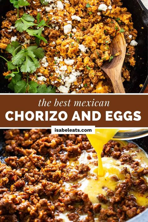 Authentic chorizo and eggs is a popular Mexican dish that's flavorful, easy, and quick to make! Serve with tortillas for the best breakfast. Mexican Chorizo Soup Recipes, Blackstone Chorizo Recipes, Chorizo Burrito Recipes, Chorizo Egg Recipes, Chorizo And Eggs Recipes Breakfast, Pork Chorizo Recipes Breakfast, Chorizo Breakfast Enchiladas, Recipes With Chorizo Sausage Dinners, Breakfast Tacos With Chorizo