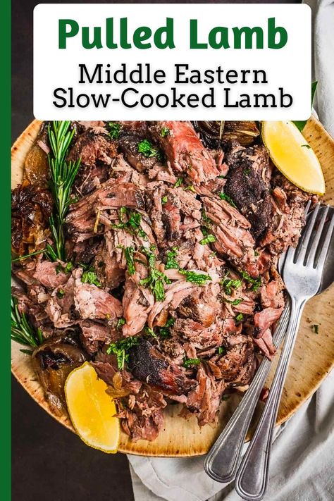 This Middle Eastern slow-cooked lamb is a showstopper! This is an excellent recipe to make for a special occasion for a weekend dinner. The slow-roasting will take time, but trust me it is so worth it! Serve the Pulled Lamb with vermicelli rice, fresh Jerusalem chopped salad and Greek yogurt. Lamb Brisket Recipes, Middle Eastern Leg Of Lamb Recipes, Meditterean Lamb Recipes, Crockpot Middle Eastern Recipes, Greek Roast Lamb Recipes, Cooked Lamb Recipes, Greek Salad With Lamb, Medeteranian Lamb Recipes, Lamb Boneless Leg Recipes