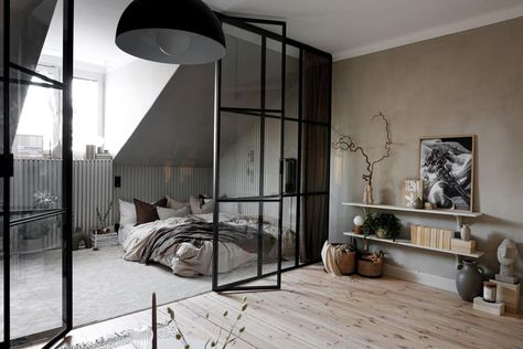 A Small Luxurious Attic Apartment in Sweden — THE NORDROOM Attic Studio Apartment, Small Attic Apartment, Small Attics, Scandinavian Loft, Sweden House, Small Attic, Scandinavian Apartment, Attic Apartment, Scandi Design