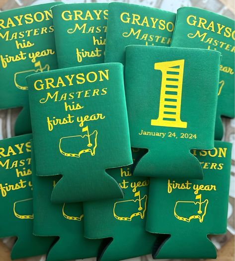 Masters Party Favors, Masters His First Year, First Birthday Favor, Golf Birthday Party, Mastered First Year, Let's Par-Tee, Masters First Year Can Personalized First Birthday Can Coolers are the perfect keepsakes for your friends and family to remember your special day. Cheers to a fun and memorable Masters Themed Birthday Party! Listing includes your personalized details in color of choice.  **Can Coolers fit 12 oz cans.  **LIsting includes - 1 Personalized Foam can cooler in color of choice a Golf 1st Birthday Photoshoot, Hole In One 1st Birthday Party, Hole In One First Birthday Favors, Masters Birthday Party Baby, Boys Golf Birthday Party, Mastered First Year Birthday Party Golf, Mastered His First Year Birthday, Masters Baby Birthday, Par Tee