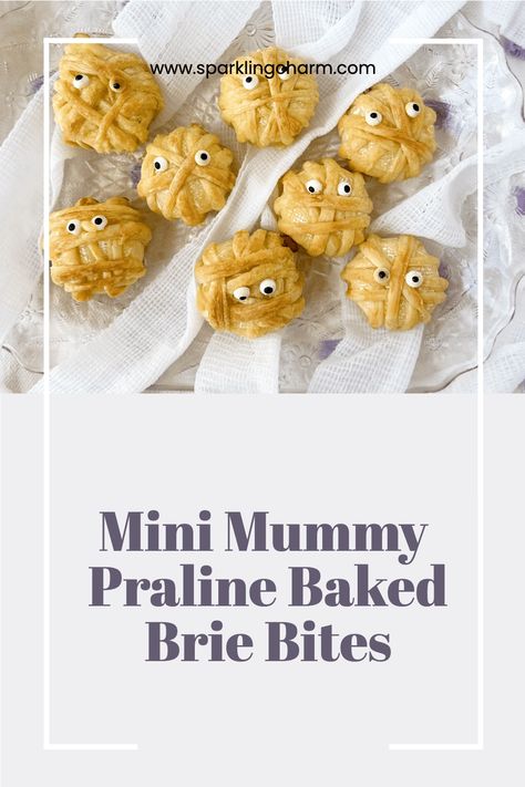 Looking for and Easy Appetizer For a Halloween Party? These Halloween 3 Ingredient Puff Pastry Mini Mummy Baked Brie Bites are a tasty ooey gooey savory spooky winner! PS Add a candied pecan and woosh! You have Mini Mummy Praline Baked Brie Bites! Mummy Baked Brie Halloween, Mummy Brie, Baked Brie Bites, Candied Pecan, Halloween Tea Party, Sliced Apples, Brie Bites, Halloween 3, Baked Brie