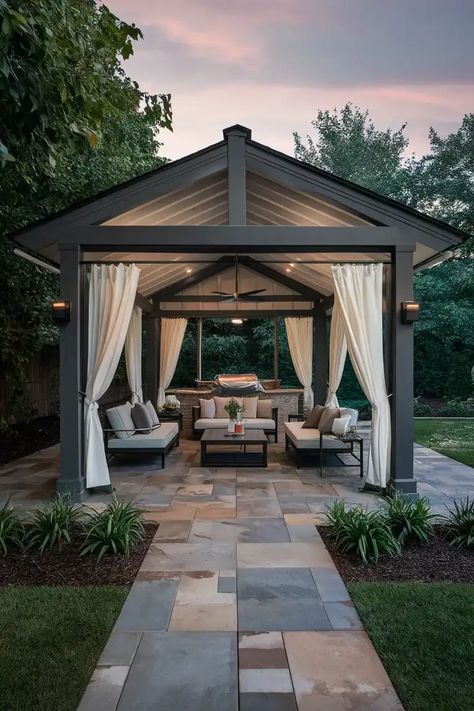 Stone Gazebo Ideas Backyard, 12x16 Gazebo Ideas, Backyard With Gazebo Ideas, Decorating Gazebo Ideas Backyard, Covered Gazebo Ideas Backyard, Backyard Pagoda, Backyard Gazebo Decorating Ideas, Gazebo Design Outdoor, Outdoor Gazebo Ideas Backyards