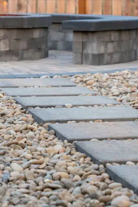 Rectangle Pavers & Stone Path Pavers With River Rock, Slate Pavers Walkways, Rectangle Stepping Stones Pathway, Pavers With Rocks In Between, Rectangle Pavers, Stone Around Pool, Paver Sidewalk, Stepping Stone Pavers, Stepping Stone Pathway