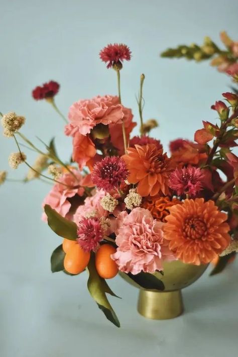 Dark Color Flower Arrangements, Fall Theme Flower Arrangements, Carnations Wedding Centerpieces, Orange Floral Arrangements Wedding, Fall Color Centerpieces, Flower Arrangements With Carnations, Dahlia And Carnation Bouquet, 70s Floral Arrangements, Carnation Table Centerpieces