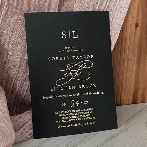 $3.95 | Romantic Gold Foil | Black Monogram Wedding Foil Invitation #classicmonogramwedding #modernmonogrammedwedding #summerfirstinitialswedding #calligraphyprintedwedding #uniquefancyhandletteringk081 #whimsicalgoldfoilsparkleflourish #luxuryromanticgold #simplegoldfoilstampedwedding #elegantfoilpressedfallmarriage #minimalistbohoblackgoldswirl Popular Wedding Invitations, Black And Gold Wedding, Wedding Announcement Cards, Classic Invitation, Summer Wedding Invitations, Monogram Wedding Invitations, Gold Foil Wedding, Wedding Initials, Foil Wedding Invitations