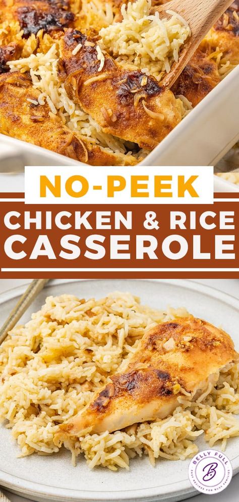 No Peek Chicken and Rice Casserole - Belly Full Chicken And Cauliflower Rice Casserole Recipes, Chicken Rice Bake Easy, Chicken Casserole Recipes No Cheese, Chickens And Rice Casserole, Chicken And Rice Recipes No Soup, Best Baked Chicken And Rice Casserole, No Peeking Chicken And Rice, Chicken Rice Casserole Raw Chicken, Chicken And Rice Casserole Recipes No Peak