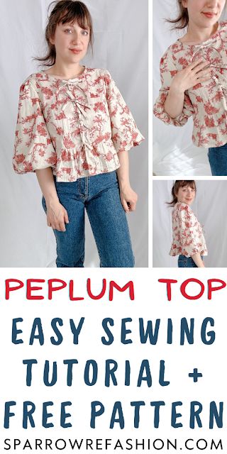 Tie Front Blouse - Sewing Tutorial with Free Pattern - Sparrow Refashion: A Blog for Sewing Lovers and DIY Enthusiasts Blouse Pattern Sewing Free, Shirt Sewing Patterns, Tie Front Top Pattern, Pattern Top Sewing, Blouse Pattern Free, Top Pattern Sewing, Sparrow Refashion, Crop Top Sewing Pattern, Shirt Patterns For Women