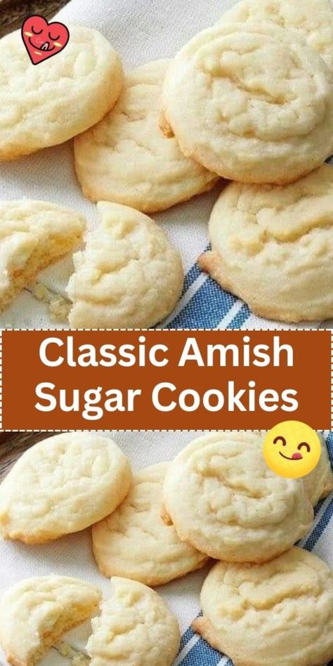 Bake a batch of love with these Classic Amish Sugar Cookies. Soft, chewy, and packed with a delightful blend of vanilla and buttery sweetness, these cookies capture the essence of tradition. Decorate them with colorful frosting or savor their simplicity - either way, they're a timeless treat. Sugar Cookies Soft, Amish Cookies, Amish Sugar Cookies, Drop Sugar Cookies, Crispy Chocolate Chip Cookies, Butter Sugar Cookies, Cinnamon Sugar Cookies, Lemon Sugar Cookies, Cookies Soft